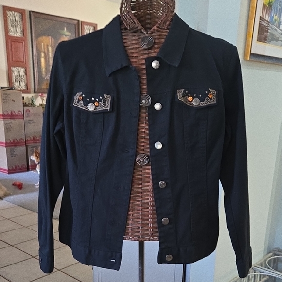 Black Denim Jacket with Embellished Pockets - Picture 1 of 12